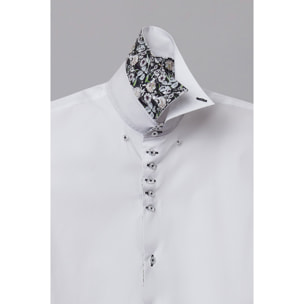 Camicia Uomo Manica Corta 2 Bottoni Button Down 7 Botto Popeline Stretch Unito Bianco