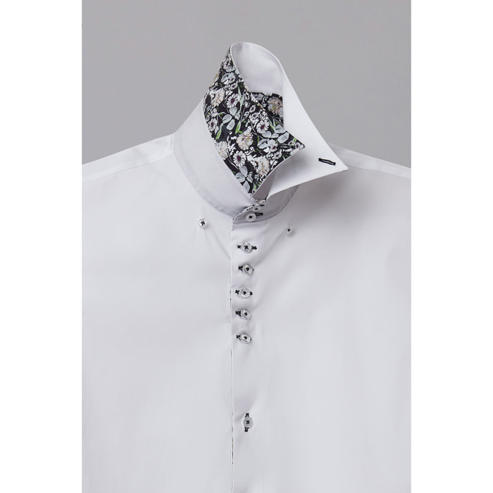 Camicia Uomo Manica Corta 2 Bottoni Button Down 7 Botto Popeline Stretch Unito Bianco