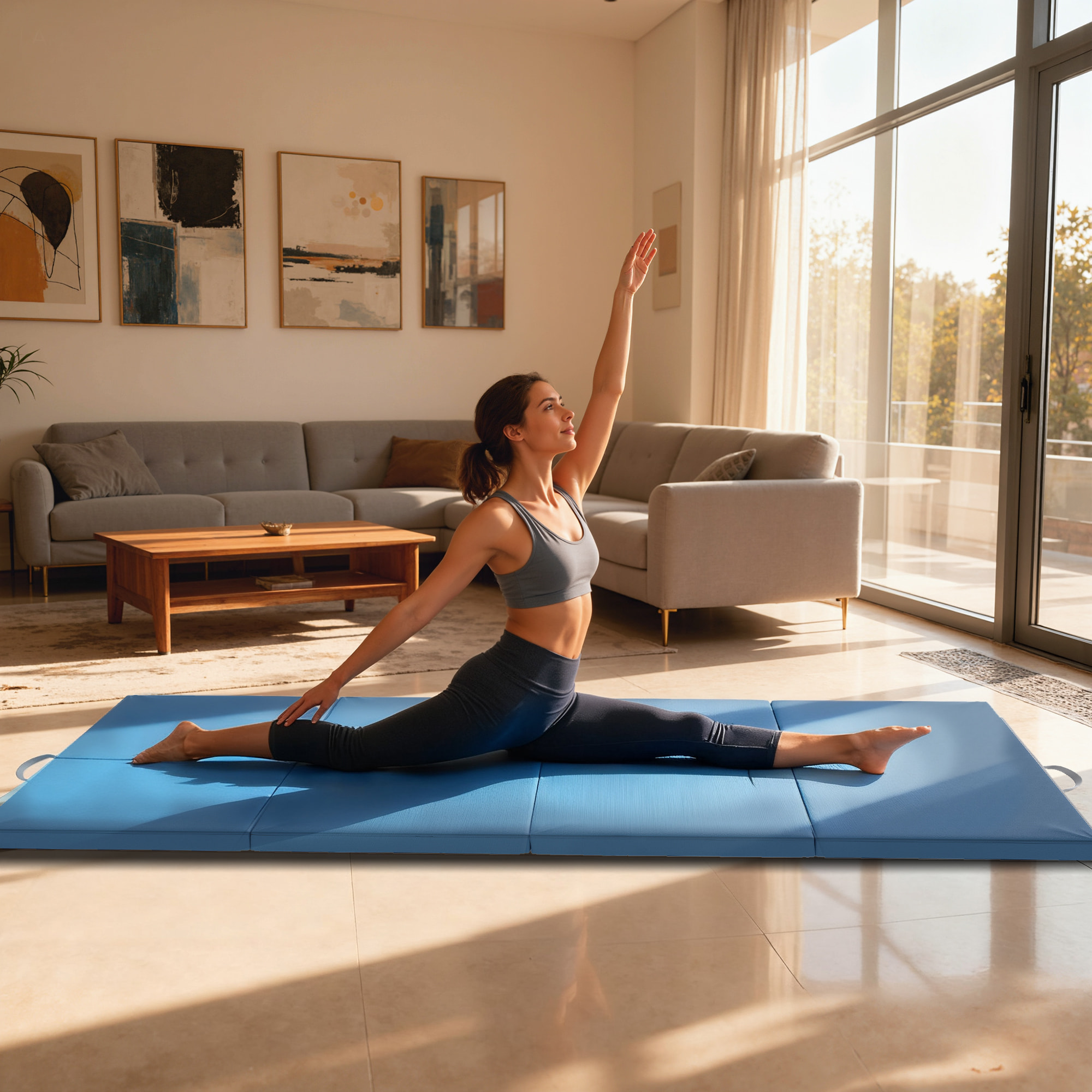 Colchoneta Gimnasia Plegable de Grosor 5 cm, Tapete de Ejercicio, 240x120x5 cm, con Asas de Transporte, Esterilla de Gimnasia para Yoga, MMA, Aeróbic, Artes Marciales, Azul Claro
