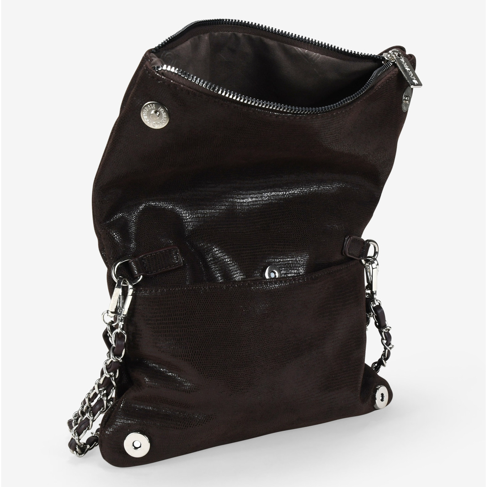 Bolso con solapa marrón y asas de cadena