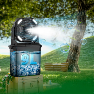 Ventilador F913 con 4 velocidades, 4 modos de spray y luces RGB con diferentes modos, depósito de 9L, temporizador y mando remoto. Incluye power bank 10.000mAh, 6W y viento máx. 5,2 m/s.