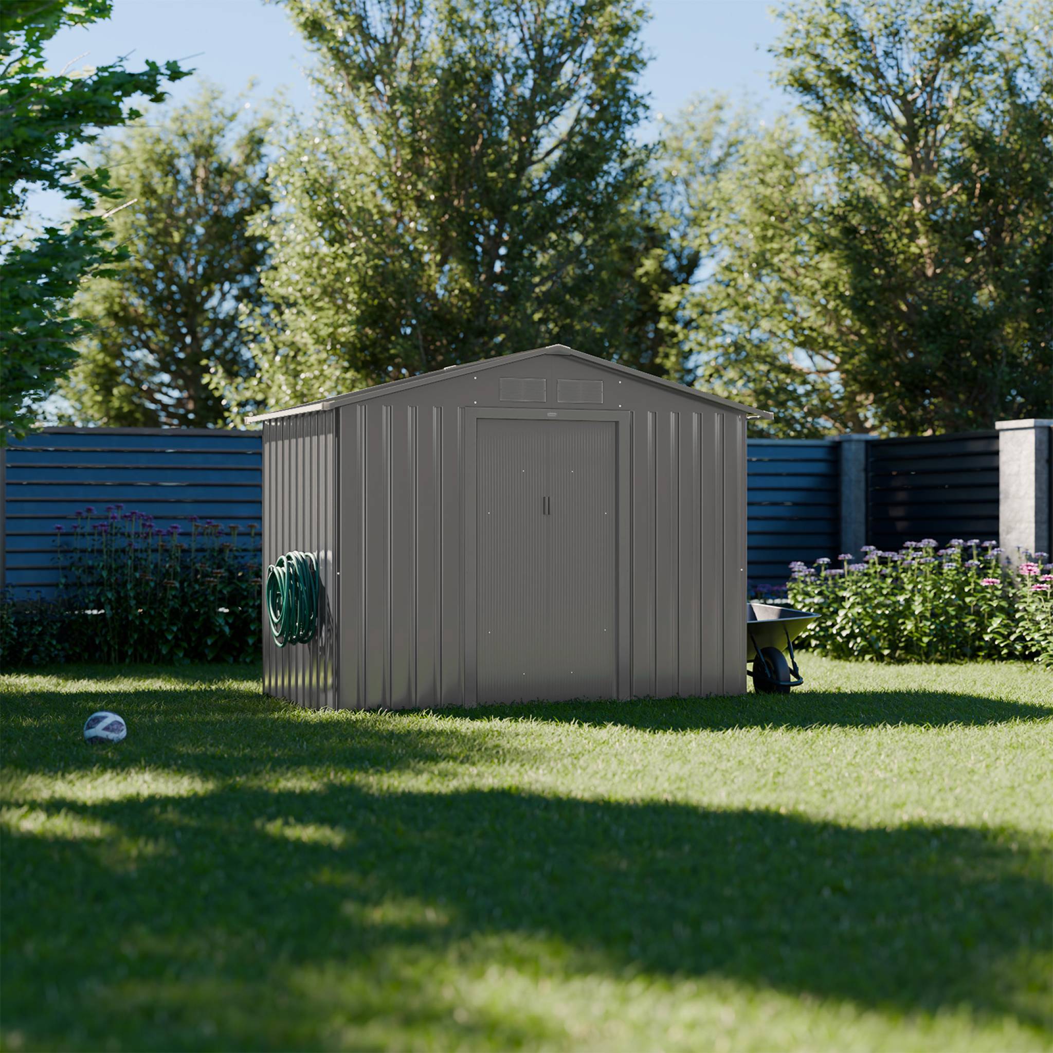 Abri de jardin en métal - Houtland. 2.71 m² taupe - Cabane à outils avec double portes coulissantes. kit de fixation sol inclus. L 213 x P 131 x H 185cm