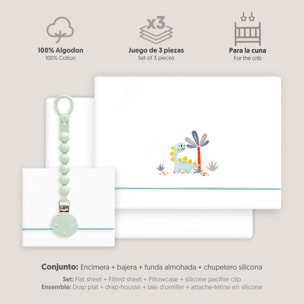 Triptico Cuna Estampado Dinosaurio Palmera + Broche Bco/Verde