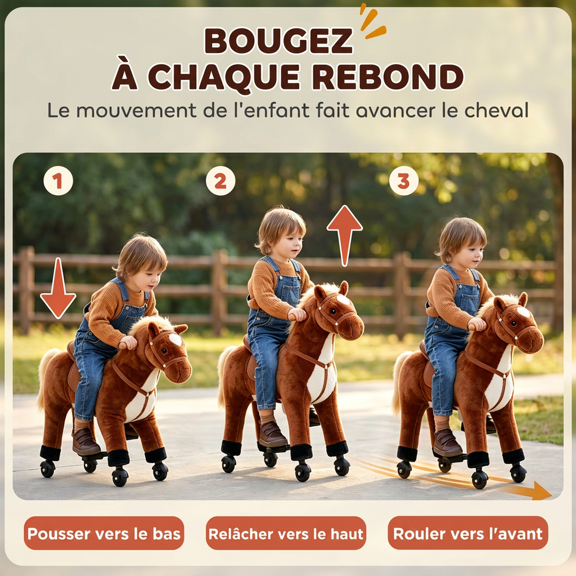 Cheval debout mobile en peluche effets sonores hennissement galop selle marron