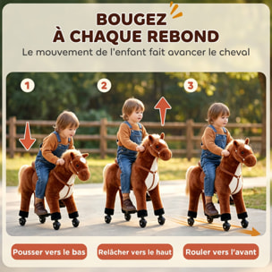 Cheval debout mobile en peluche effets sonores hennissement galop selle marron