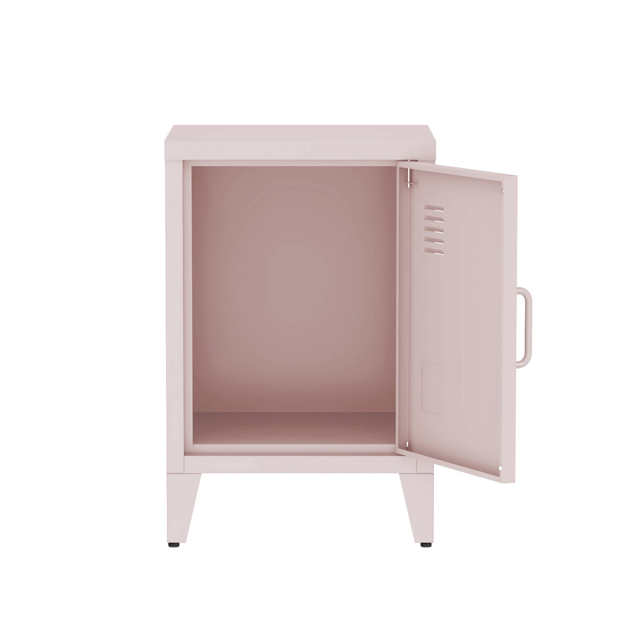 Table de chevet en acier rose. 1 porte. casier. chambre enfant