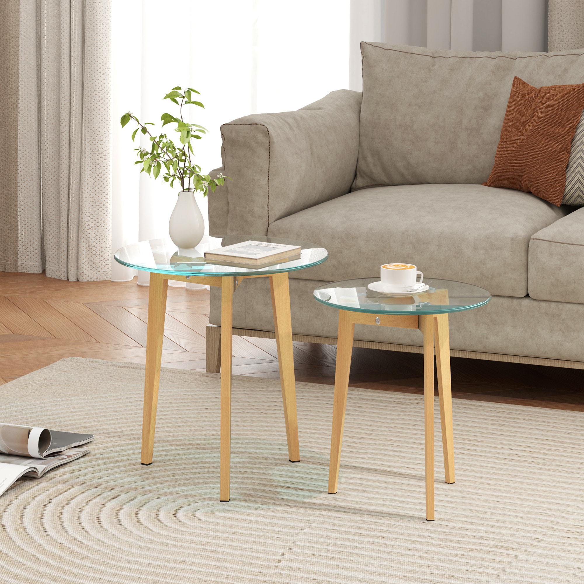 Mesas Auxiliares para Salón Mesas Nidos de 2 Piezas con Tablero de Vidrio Templado y Marco de Acero Mesas de Centro Pequeñas para Dormitorio Transparente