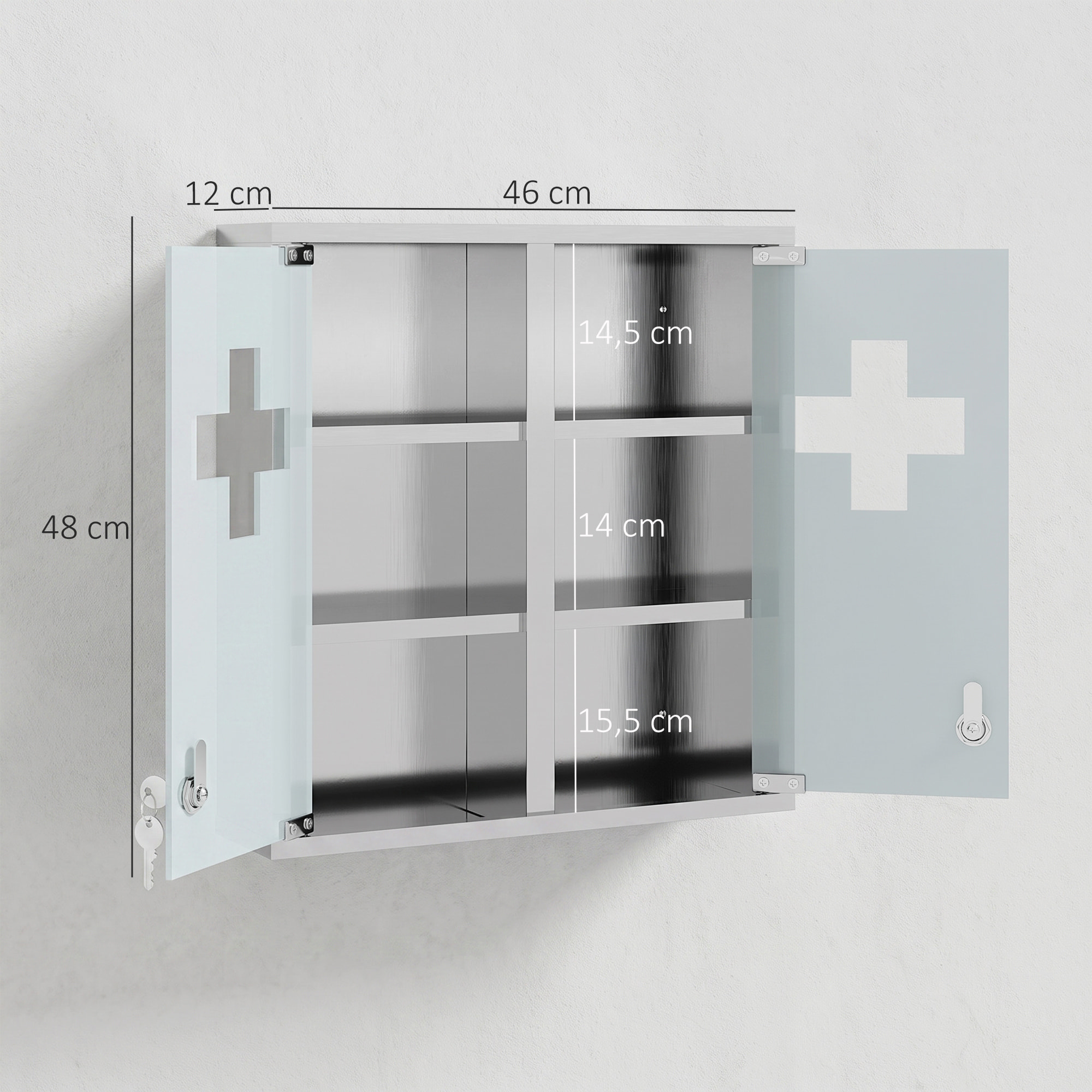 Armoire à pharmacie murale verrouillable acier inox 2 portes verre dépoli croix transparente