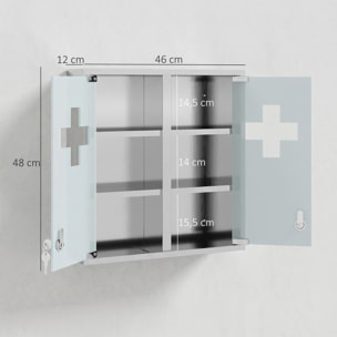 Armoire à pharmacie murale verrouillable acier inox 2 portes verre dépoli croix transparente
