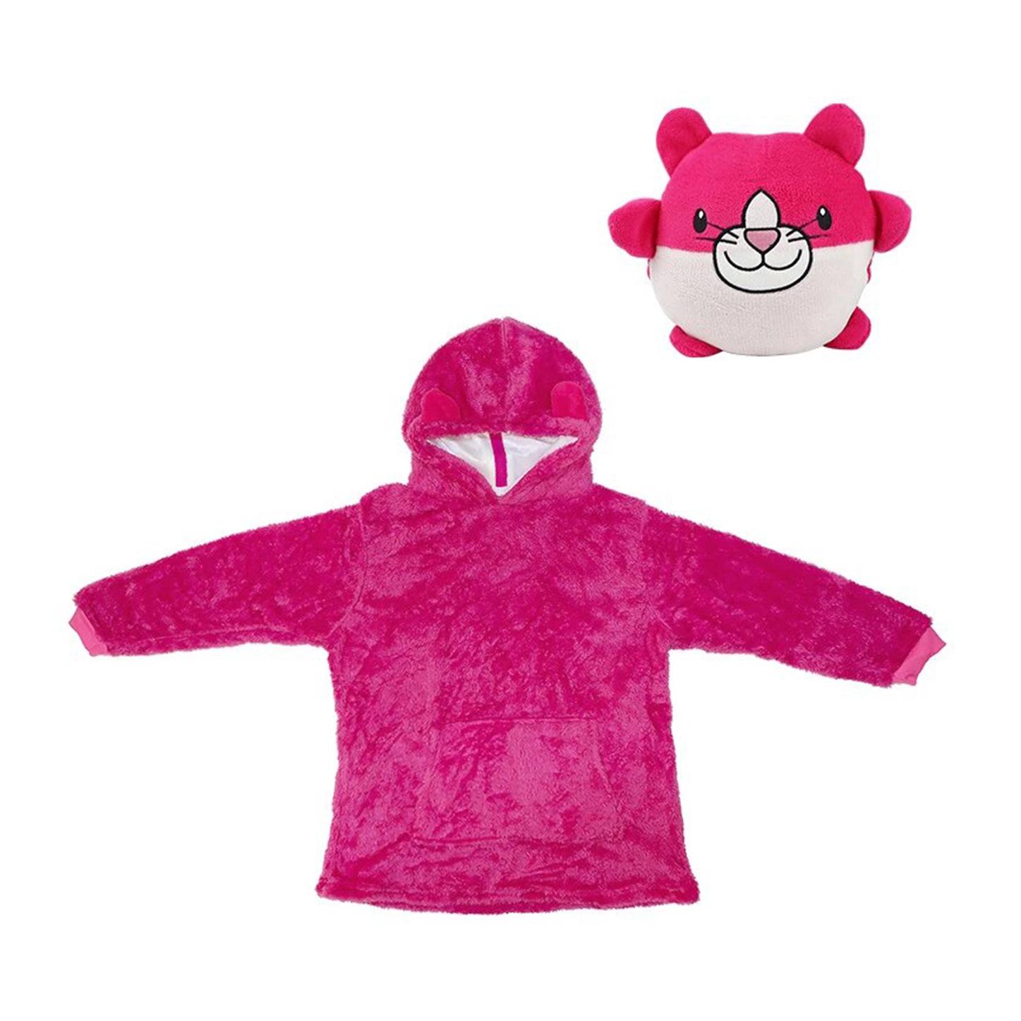 Peluche convertible en sudadera de felpa extrasuave, 60x47cm. Bolsillo frontal tipo canguro. Diseño Gato Fucsia