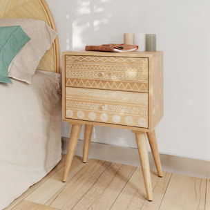 Table de chevet en bois de manguier gravé 2 tiroirs - Tiny