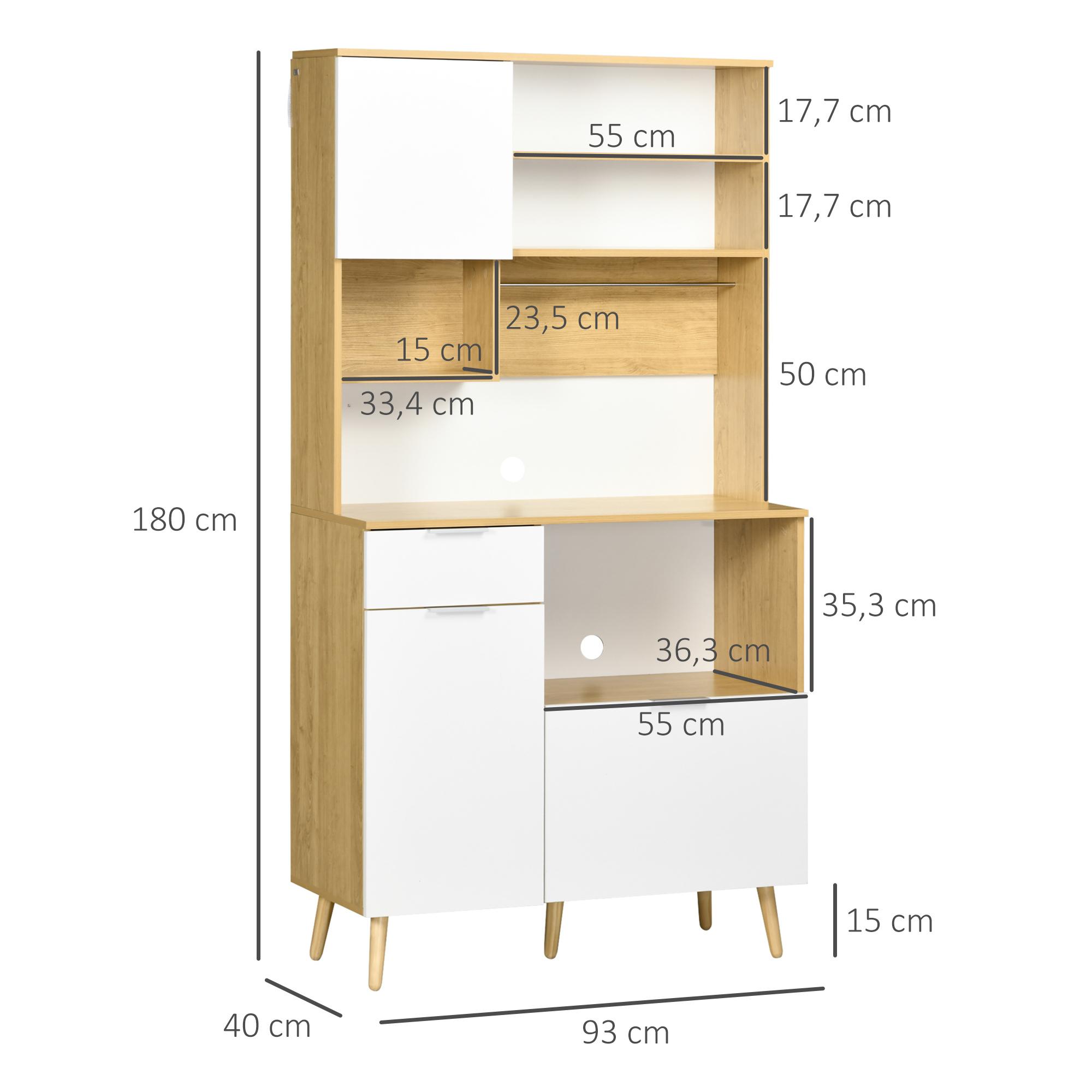 Alacena de Cocina Aparador Alto Mueble Auxiliar de Cocina con 3 Puertas Cajón Estante Ajustable Encimera para Microondas y Toallero 93x40x180 cm Natural y Blanco