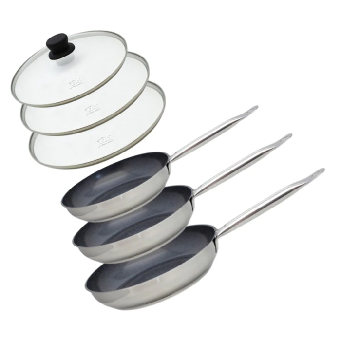 Set de 3 Poêles 24, 28 et 32 cm céramique sans PFAS et 3 couvercles Profi Therm Platinum Elo