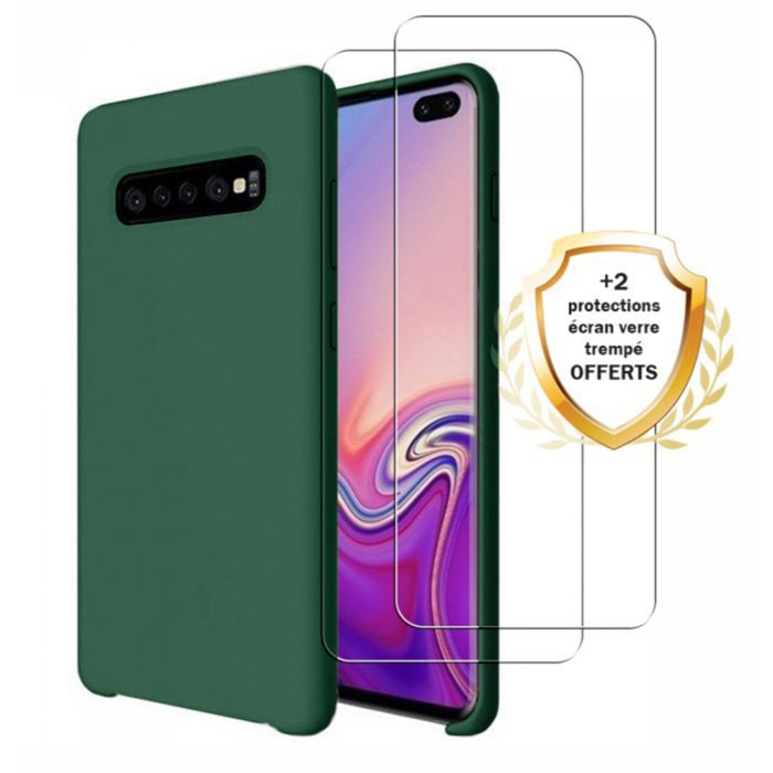 Coque Samsung Galaxy S10 Silicone liquide Vert Foret + 2 Vitres en Verre trempé Protection écran Antichocs