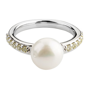 PERLAVIVA - Anello Solitario in Argento 925 placcato Oro Bianco 18Kt con Cubic Zirconia Gialle e Perla Bianca d'Acqua Dolce Ø 9 mm