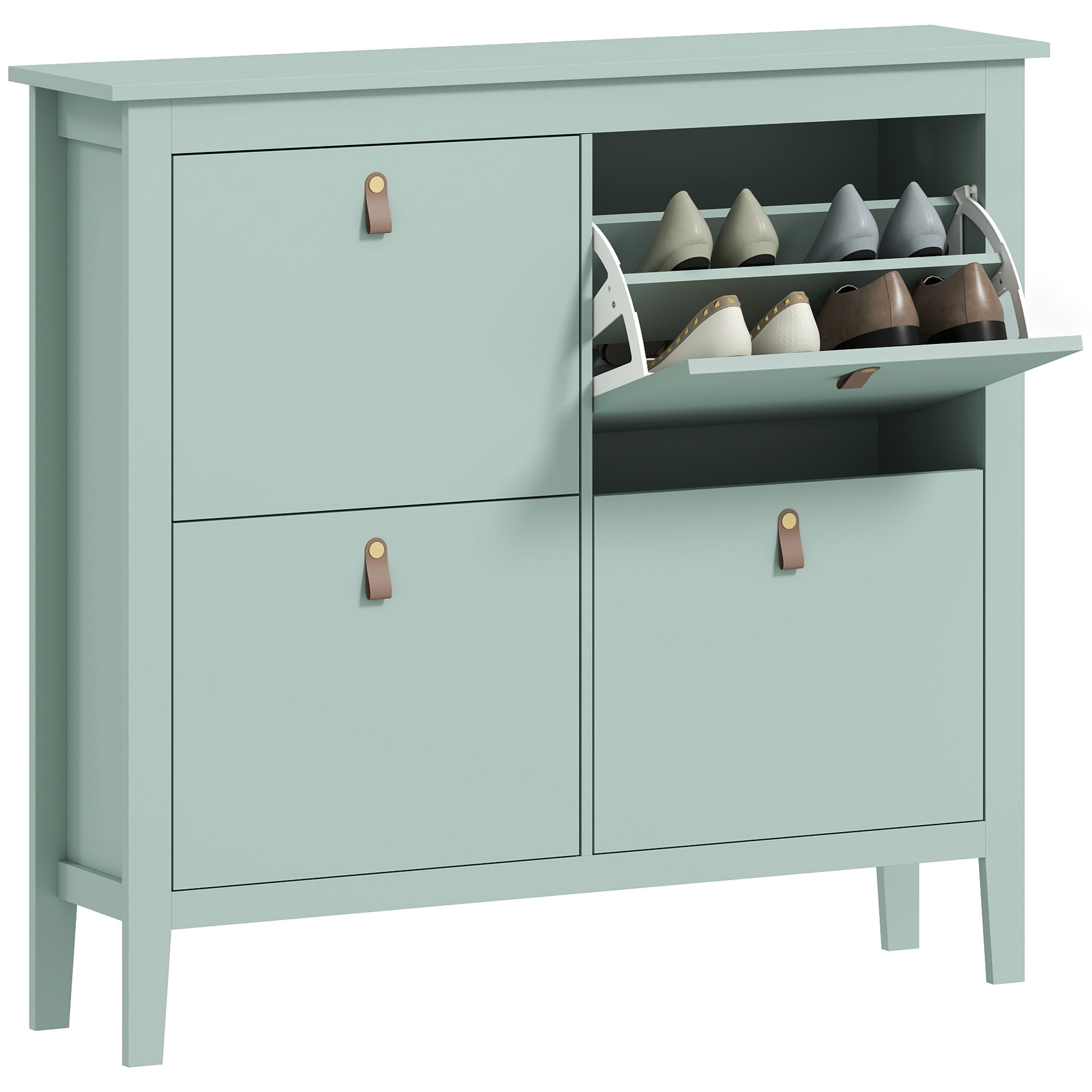 Zapatero Estrecho 4 Puertas, Zapatero Entrada Recibidor, Estantes Ajustables, Tiradores de PU, para 20 Pares de Zapatos, para Pasillo, Espacios Reducidos, 105x24x95,5 cm, Verde Claro