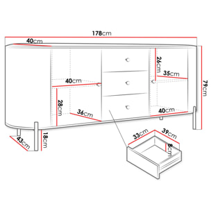 Jaime - buffet bas 178 cm - 3 tiroirs, 2 portes et 2 étagères - Beige