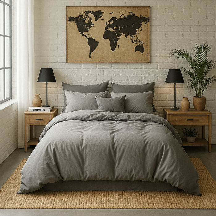 Paire de taies d'oreiller avec volant 100% percale de coton lavé gris perle
