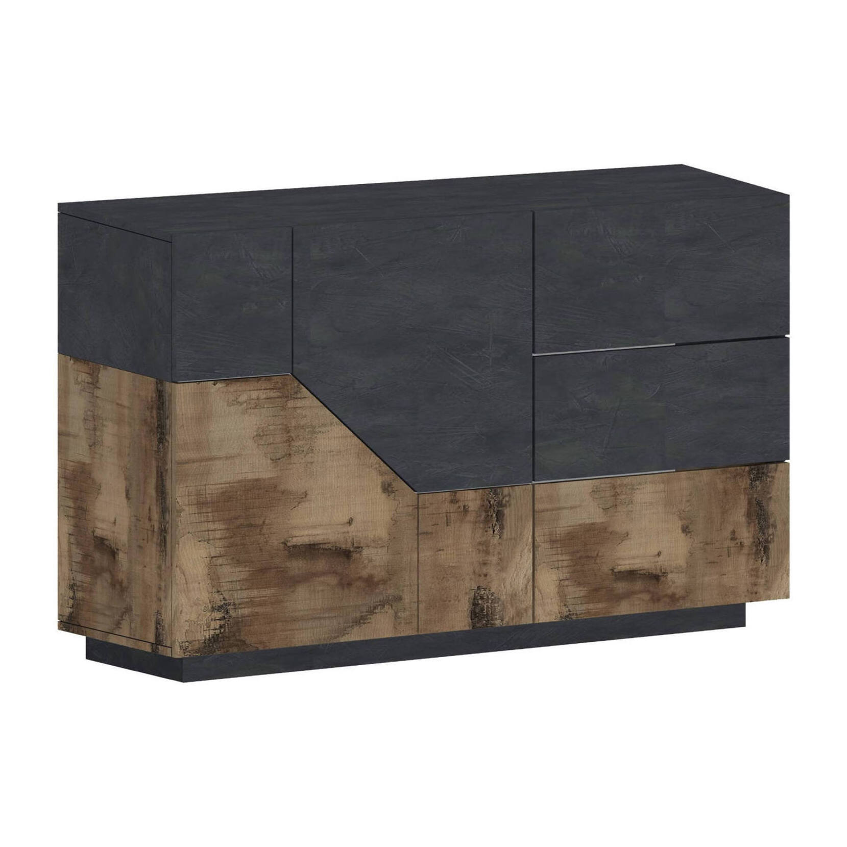 Credenza moderna a 2 ante geometriche e 3 cassetti, Made in Italy, Madia da cucina, Buffet di design da soggiorno, Cm 141x43h86, Ardesia e Acero