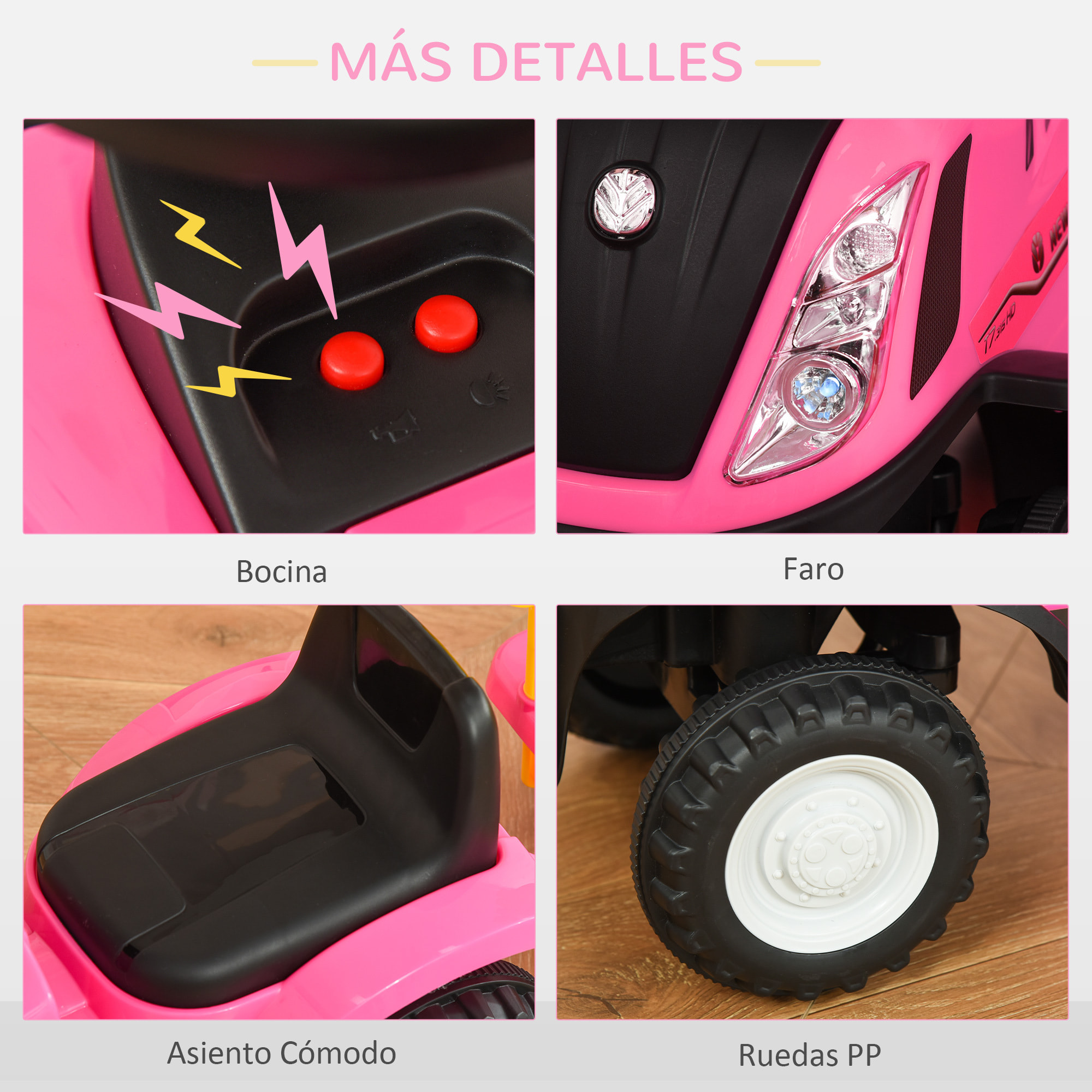 Tractor sin Pedales para Niños de 12-36 Meses con Remolque Extraíble Coche Correpasillos con Bocina Faros Pala Asiento de Suelo 25 cm y Rastrillo Carga 25 kg 91x29x44 cm Rosa