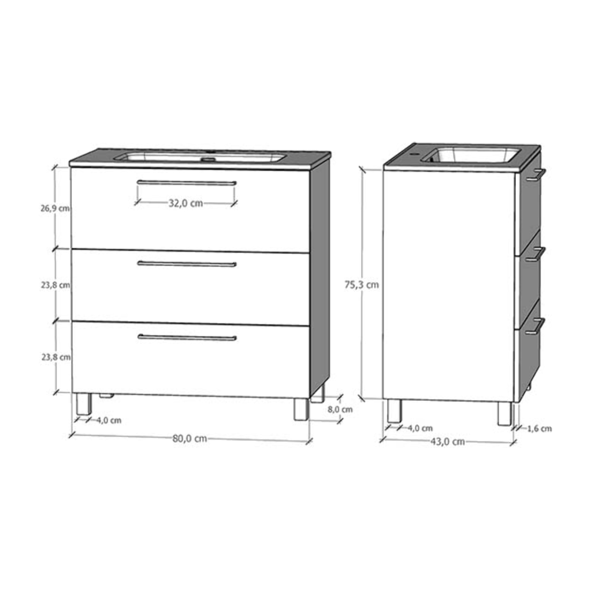Conjunto de baño Haru | Mueble de baño con patas | 80 cm Gris Mate| Tres cajones | Lavabo encastrado | No incluye espejo | Alday