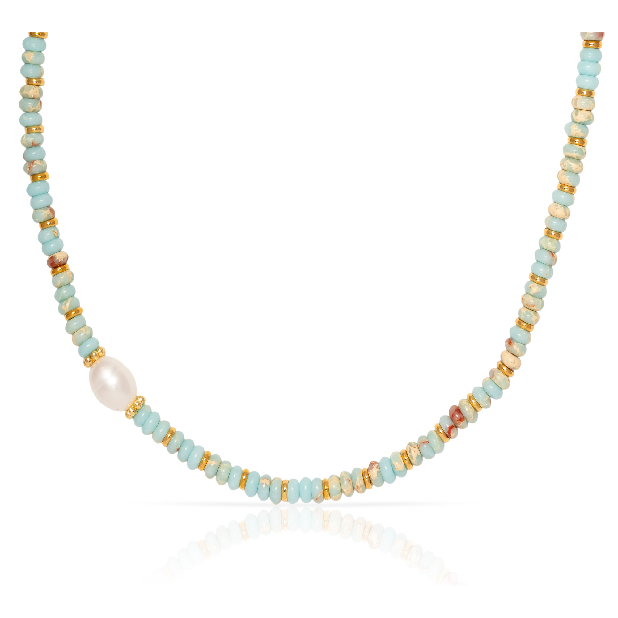 Collar de piedras Shou shan, perla blanca natural y cierre de mosquetón.