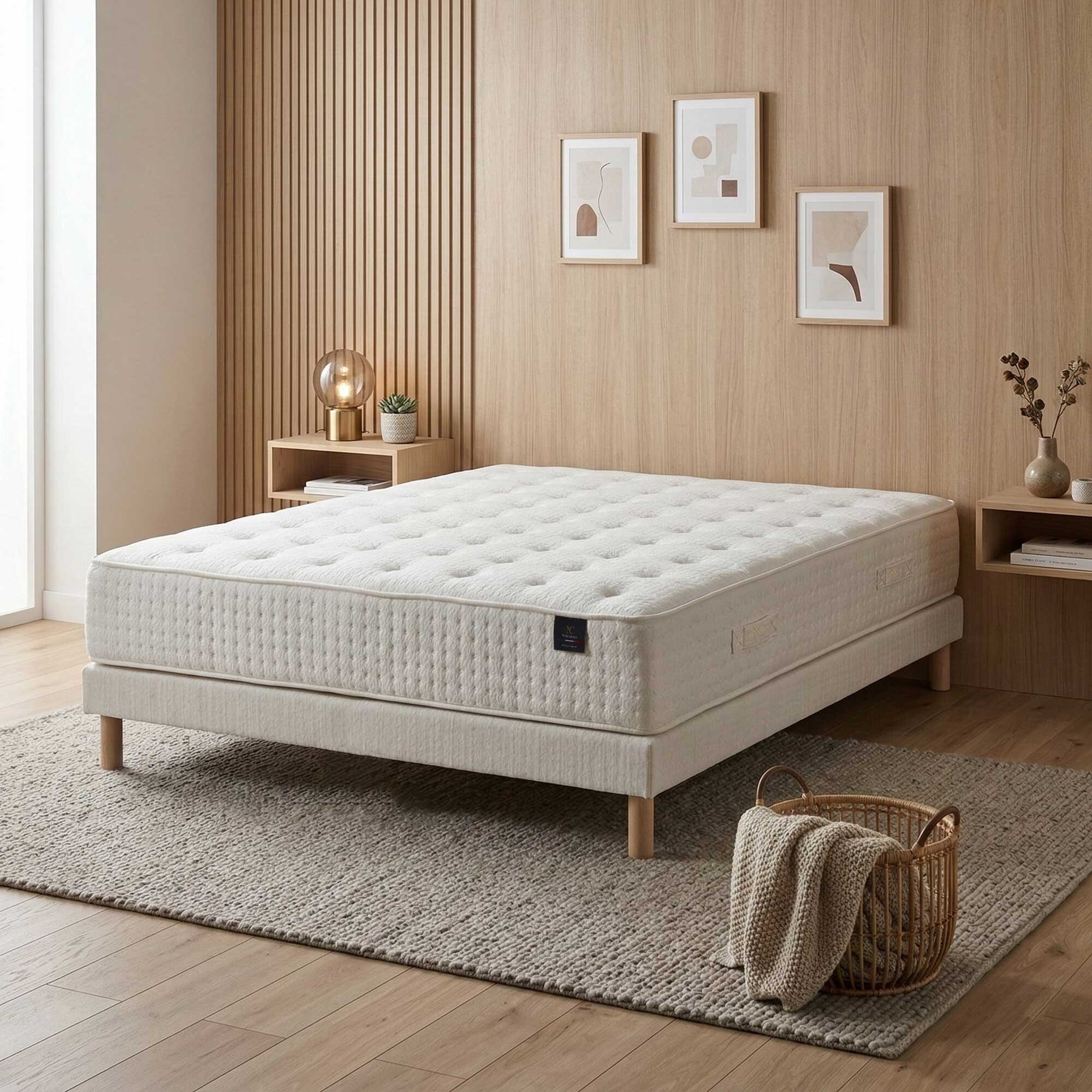 Ensemble matelas ressorts HÉLIOS, mémoire de forme, H31 cm, sommier blanc pieds de poules