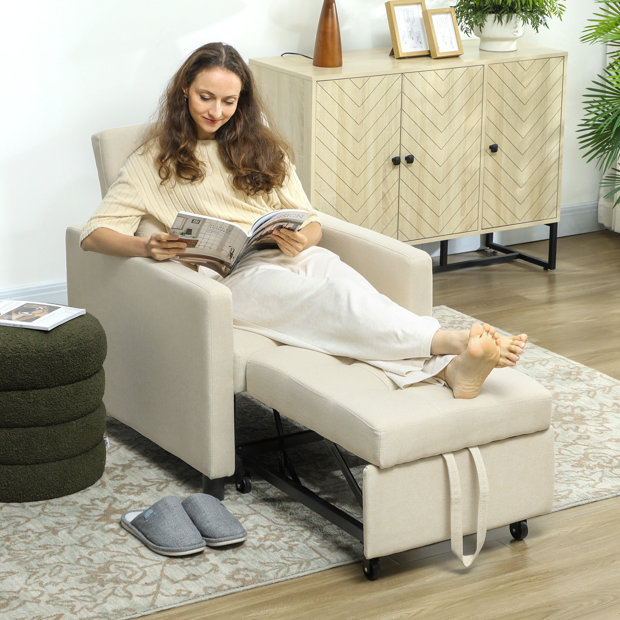 Sofá Cama de 1 Plaza 3 en 1, Sillón Cama Tapizado en Lino, con Respaldo Ajustable de 3 Niveles, Almohada Acolchada, para Oficina, Dormitorio, Salón, 69x82,5x84 cm, Beige