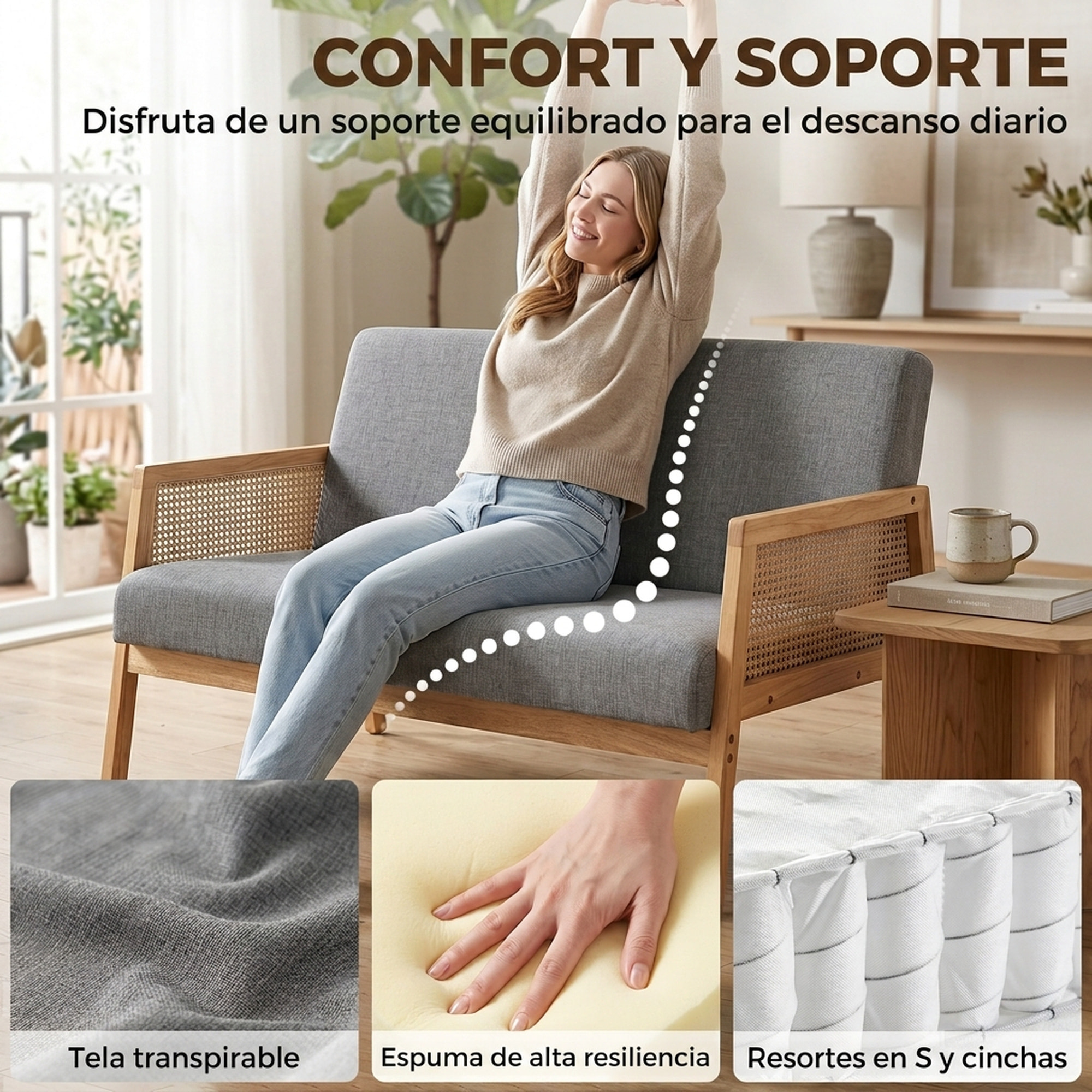 HOMCOM Sofá de 2 Plazas Tapizado en Lino Sintético con Detalles Ratán Sintético, Sofá Compacto Moderno con Estructura de Madera de Caucho, Carga 240 kg para Dormitorio, Salón, 115x77x77 cm, Gris Claro