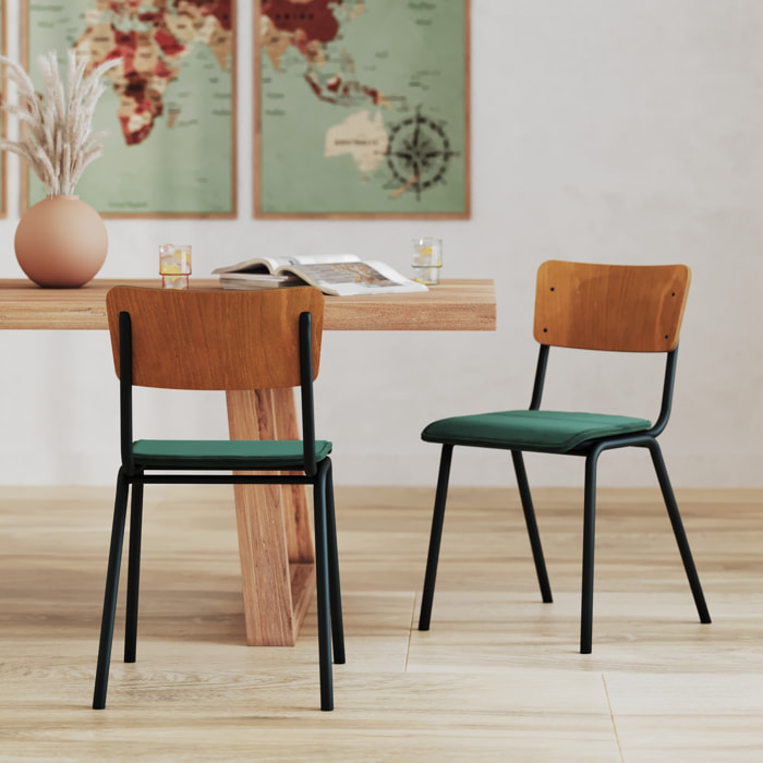 Lot de 2 chaises en bois foncé et velours vert - Nico