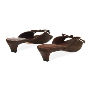Mules open toe donna testa di moro in raso, tacco 4 cm