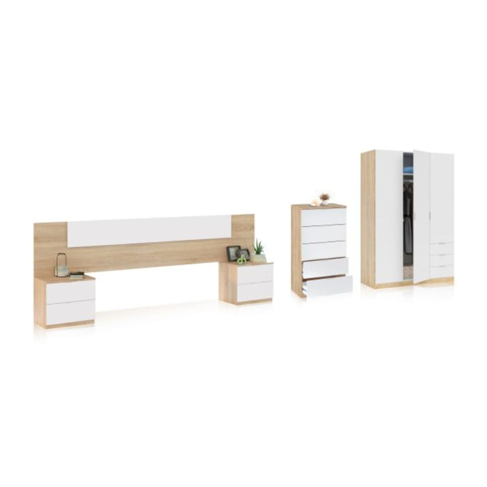 Dormitorio Akari 5C Plus Blanco Artik (Blanco Mate) - Roble Canadian