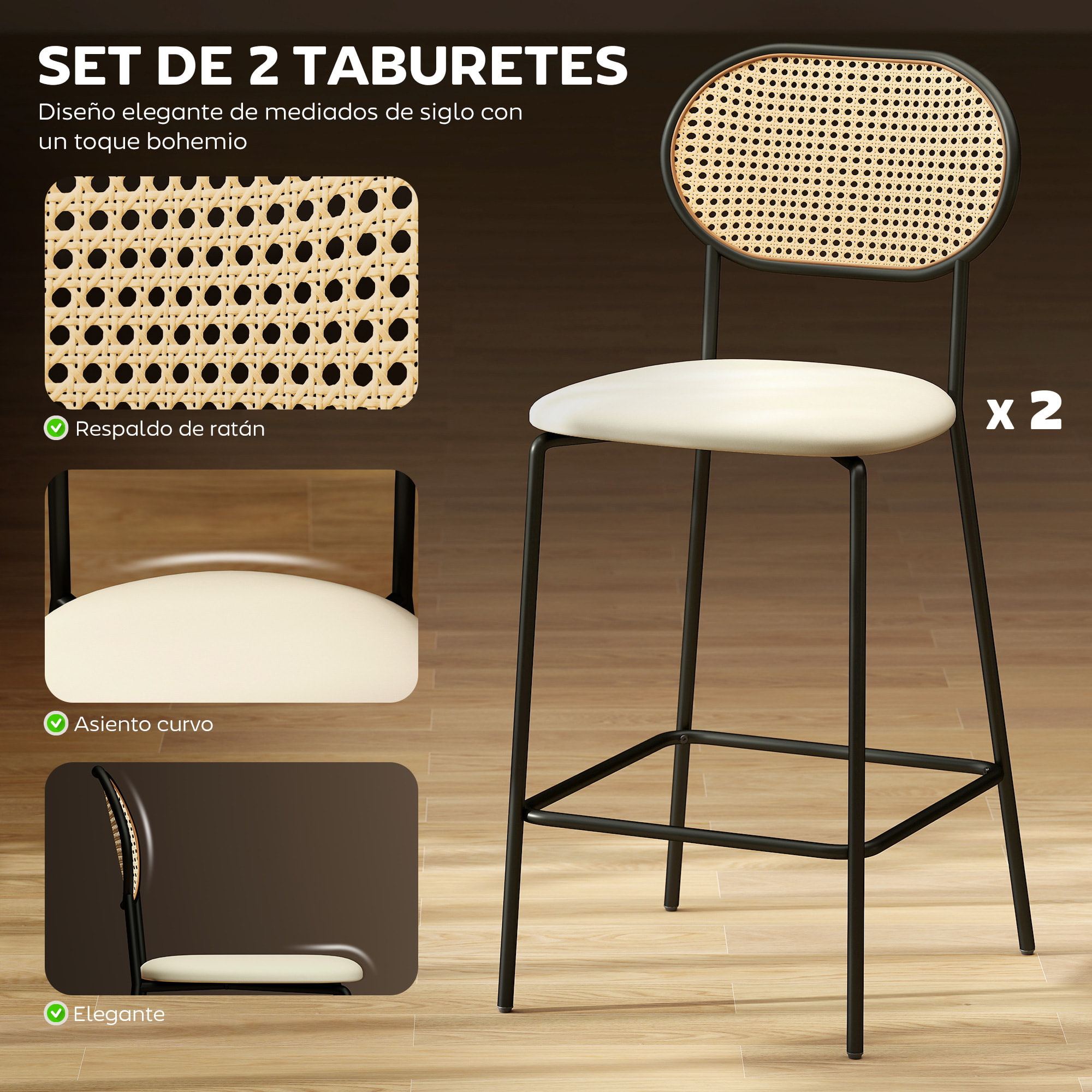 Juego de 2 Taburetes de Bar Taburetes Altos de Cocina con Respaldo de Ratán Asiento de PU Marco de Acero y Reposapiés para Comedor Mostrador 45x50x97 cm Beige