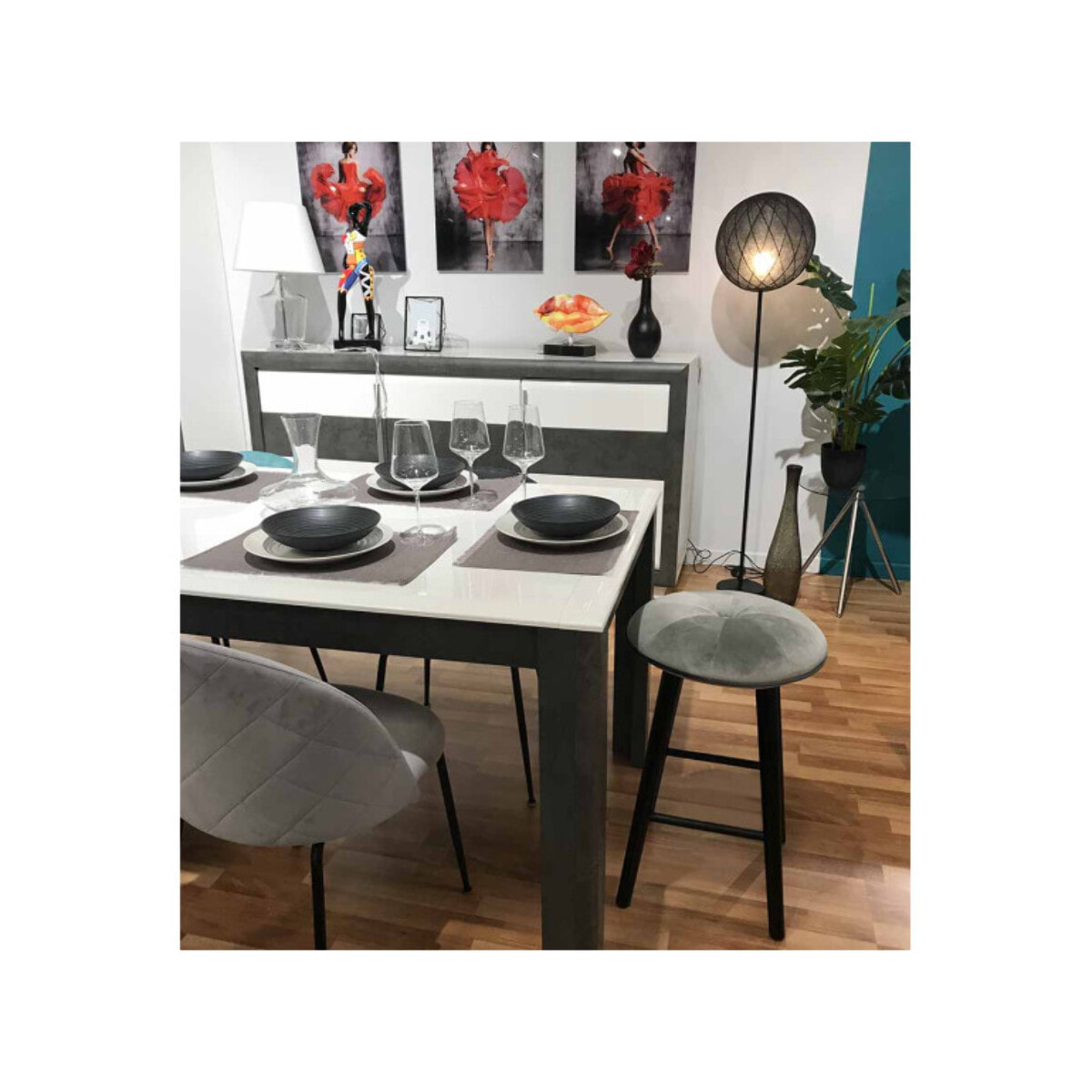 Tabouret en velours gris et piétement en bois noir H66cm - AUGUSTIN 462