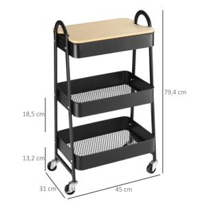 Carrito Auxiliar con Ruedas de 3 Niveles Carrito de Cocina con 3 Cestas de Acero y 1 Placa de Cubierta para Comedor Sala Baño 45x31x79,4 cm Negro