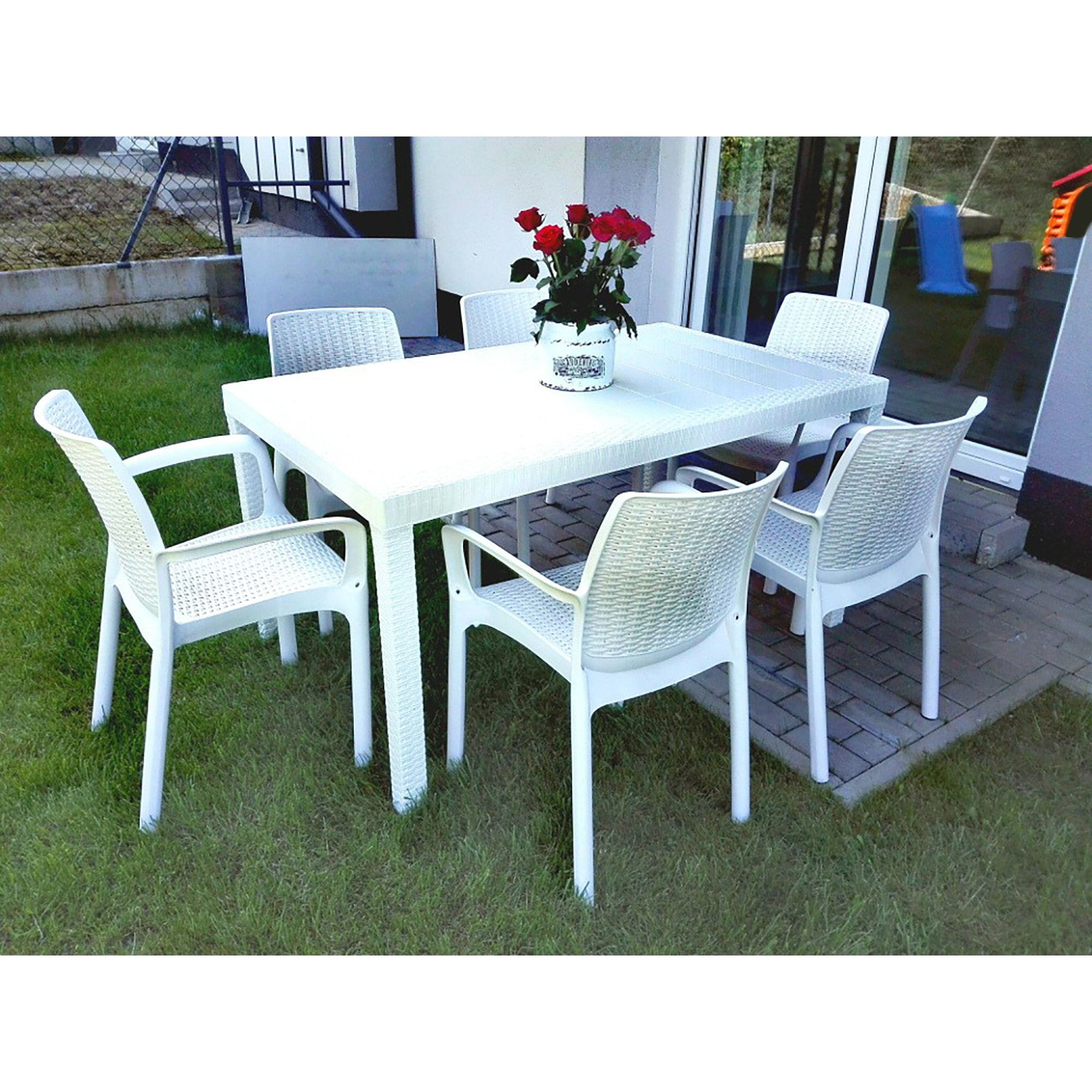 Tavolo da esterno Giove, Tavolo rettangolare da giardino, Tavolo da giardino multiuso effetto rattan, 100% Made in Italy, Cm 150x90h74, Bianco