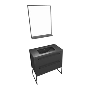 Meuble de salle de bain 80x50 cm - 2 tiroirs noir mat - vasque résine noire effet pierre + miroir