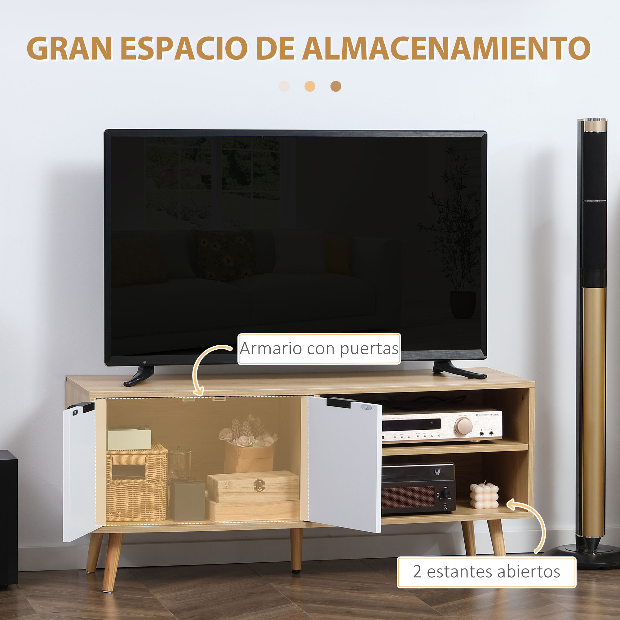 HOMCOM Mueble para TV Moderno Mesa para TV de Salón con 2 Puertas y 2 Estantes de Almacenaje para Televisores de hasta 46" para Dormitorio 110x39x48,8 cm Natural y Blanco
