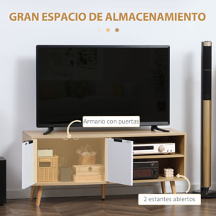 HOMCOM Mueble para TV Moderno Mesa para TV de Salón con 2 Puertas y 2 Estantes de Almacenaje para Televisores de hasta 46" para Dormitorio 110x39x48,8 cm Natural y Blanco