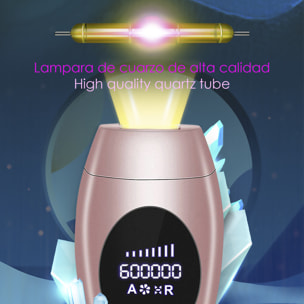 Depiladora IPL de luz pulsada. Lámpara de cuarzo, 600.000 pulsos, ajustable en 8 niveles. Full body.