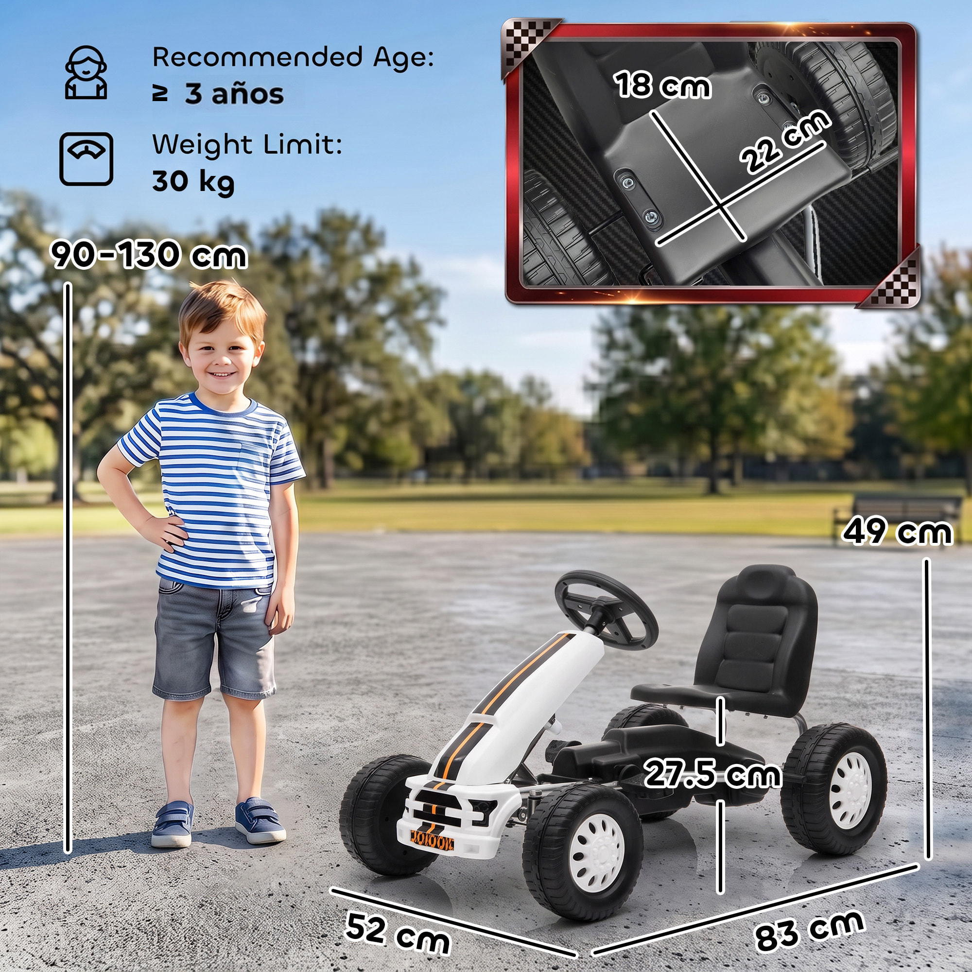 AIYAPLAY Kart Pedales para Niños de +3 Años, Go Kart con Asiento Ajustable, Volante, Freno Manual, Marco de Aluminio y Acero, Carga 30 kg, Blanco