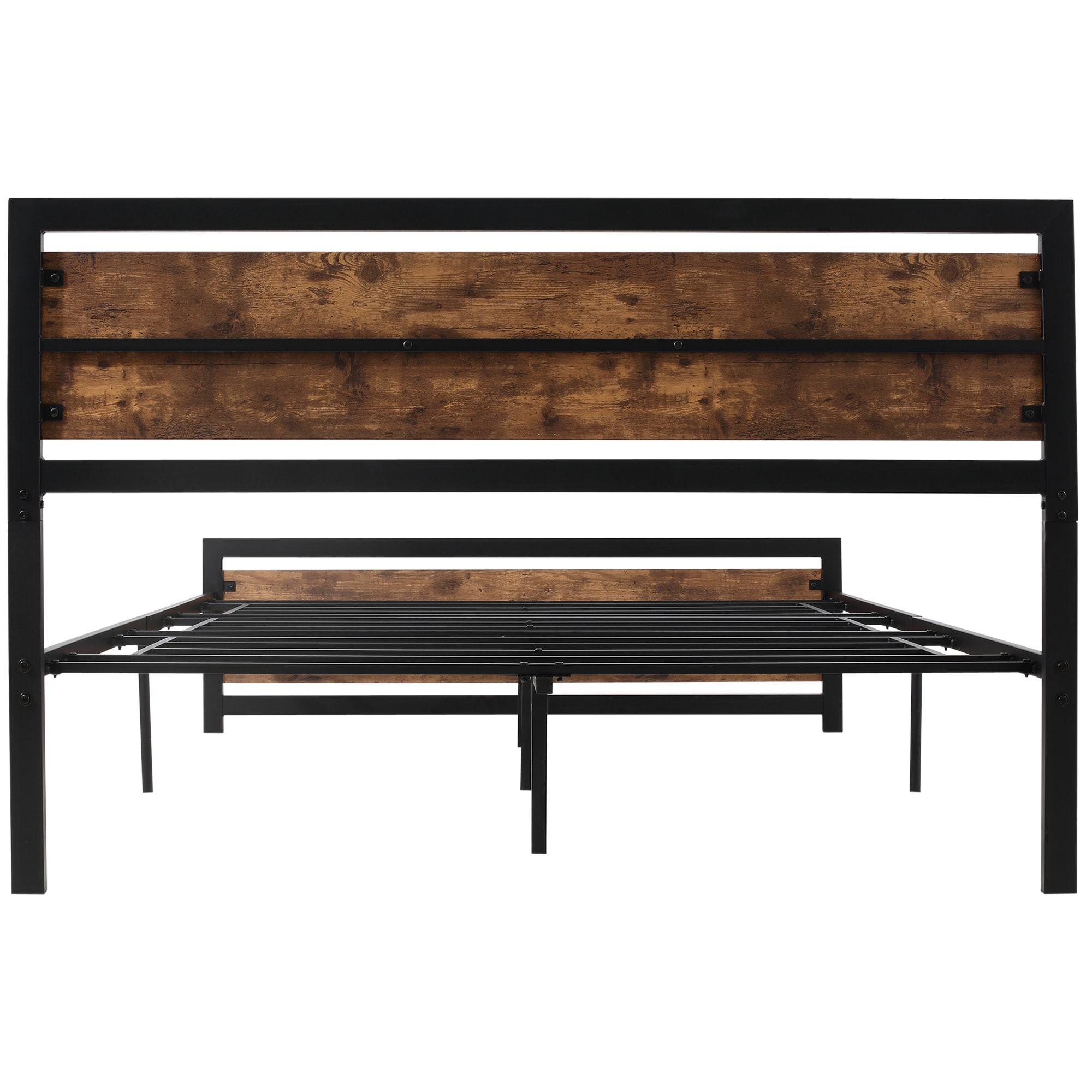 Lit double design industriel - tête de lit, pied de lit et sommier - dim. 208L x 167l x 103H cm - compatible matelas 200L x 160l cm - acier noir MDF aspect bois avec veinage