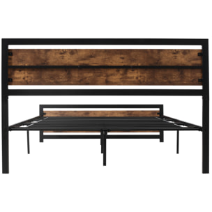 Lit double design industriel - tête de lit, pied de lit et sommier - dim. 208L x 167l x 103H cm - compatible matelas 200L x 160l cm - acier noir MDF aspect bois avec veinage