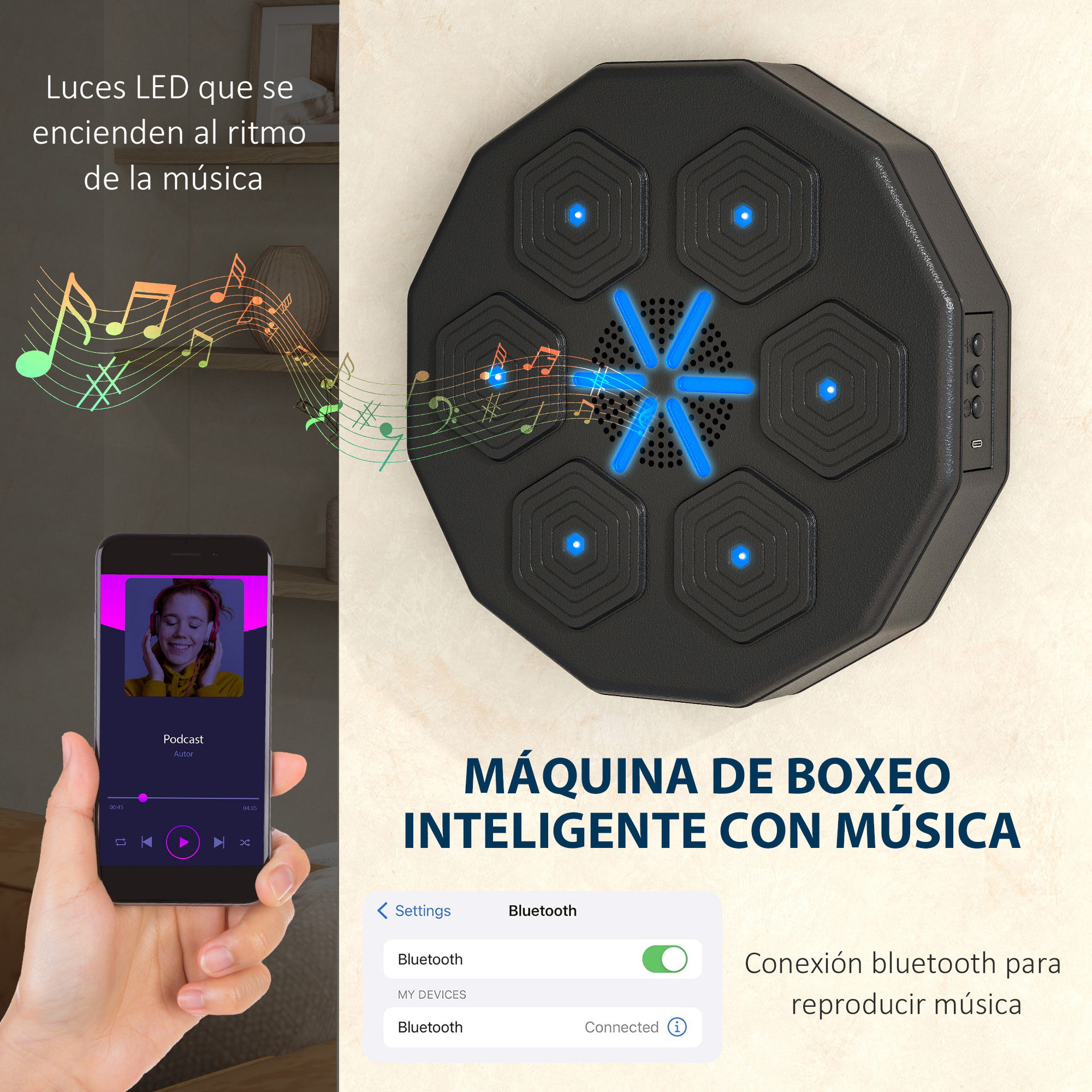 Boxeo Pared Musical con Conexión Bluetooth, Máquina Boxeo Musical Pared con Luces LED, para Adultos y Niños en Casa, Oficina, Gimnasio