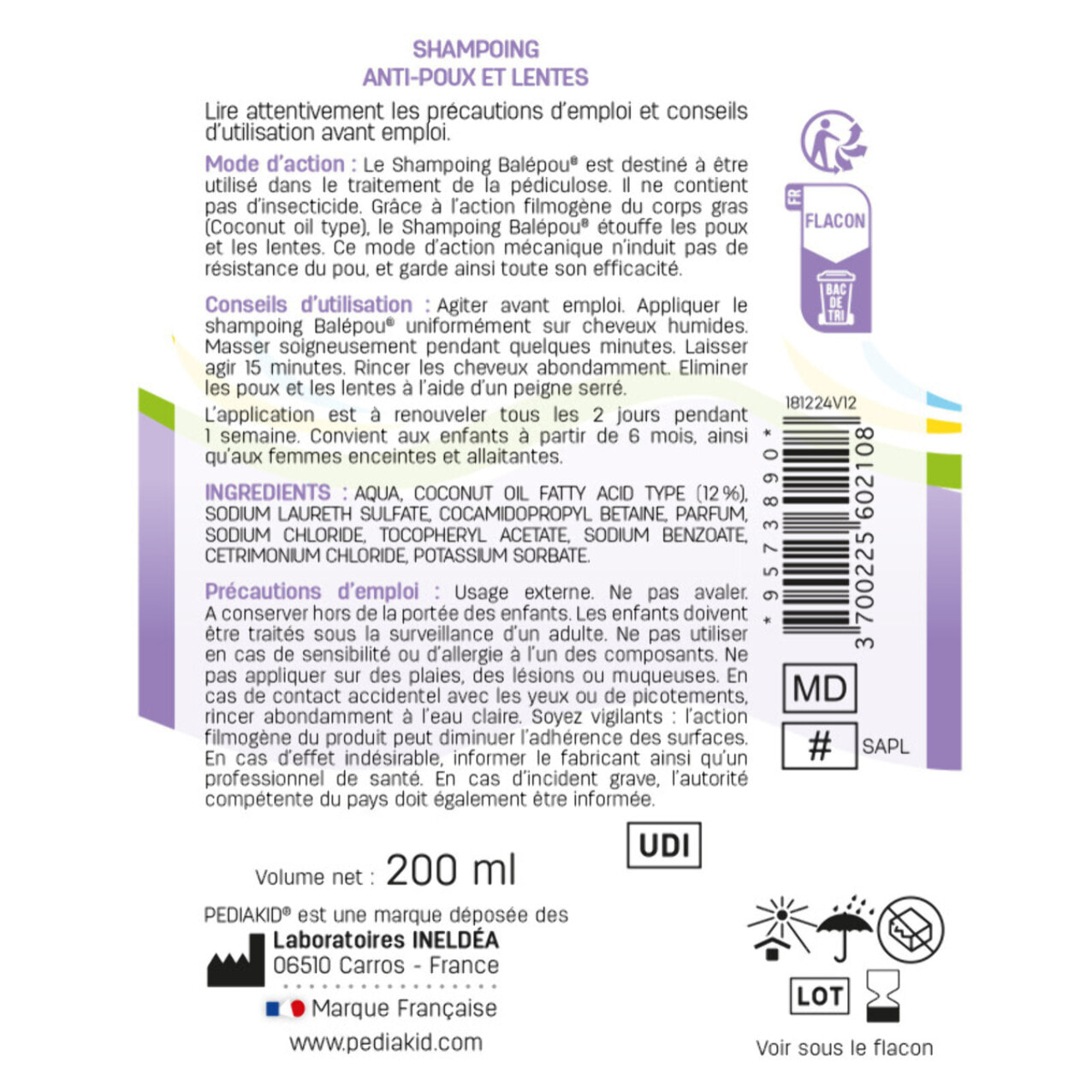 PEDIAKID - Balépou® Shampoing - Traitement Anti-Poux et Lentes Naturel - Agit en 15 minutes - Dès 3 mois - Dispositif Médical - Flacon 200ml