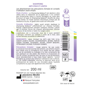 PEDIAKID - Balépou® Shampoing - Traitement Anti-Poux et Lentes Naturel - Agit en 15 minutes - Dès 3 mois - Dispositif Médical - Flacon 200ml