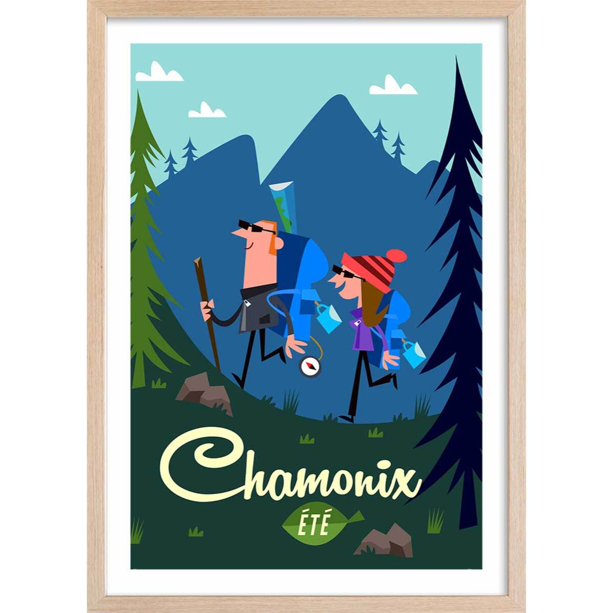 Poster de rando à chamonix Affiche + cadre en bois - Chêne