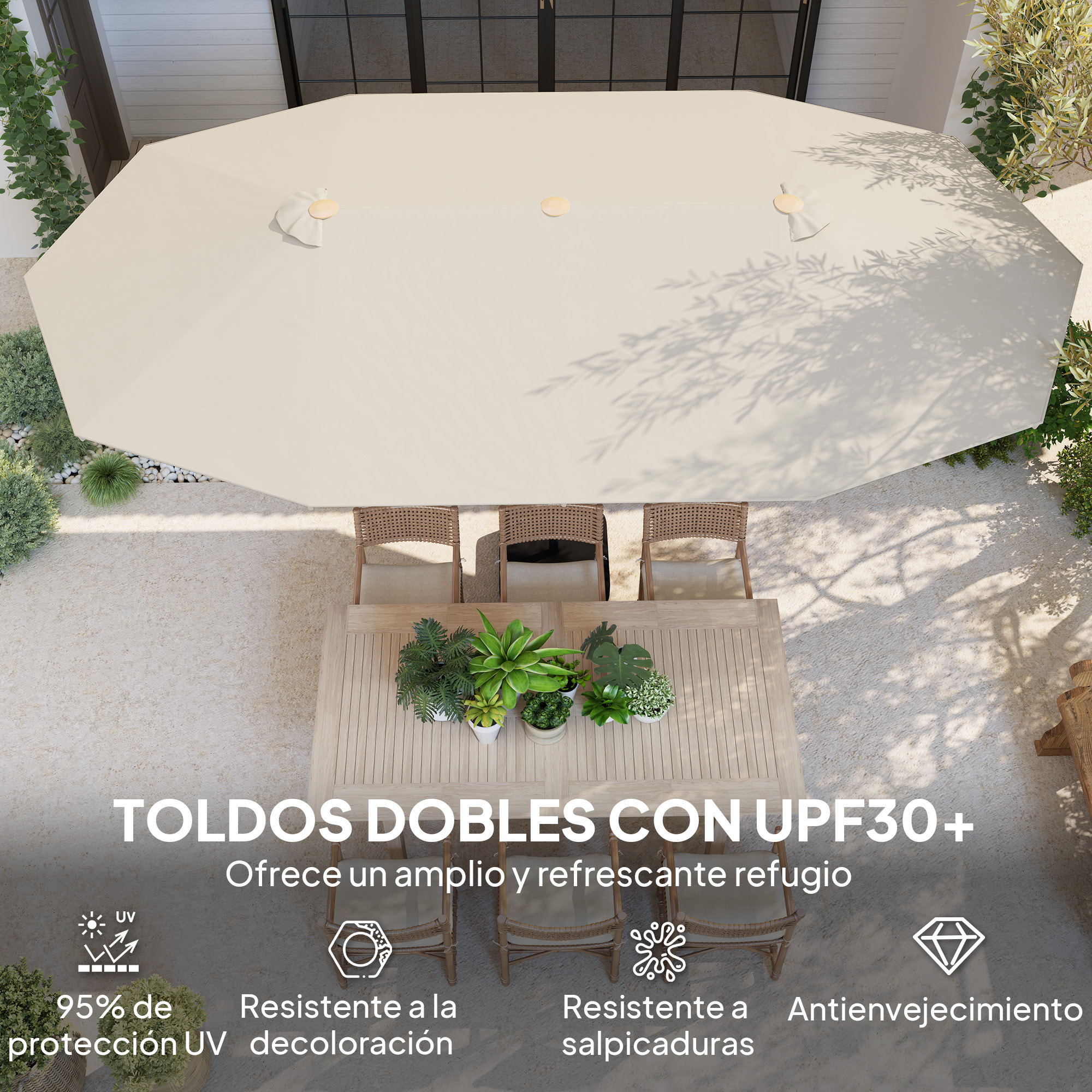 Sombrilla Doble 4,55x2,65 m Sombrilla Terraza Exterior con Manivela Manual Resistente al Agua y Protección Solar Sombrilla Grande para Terraza Playa Piscina Crema