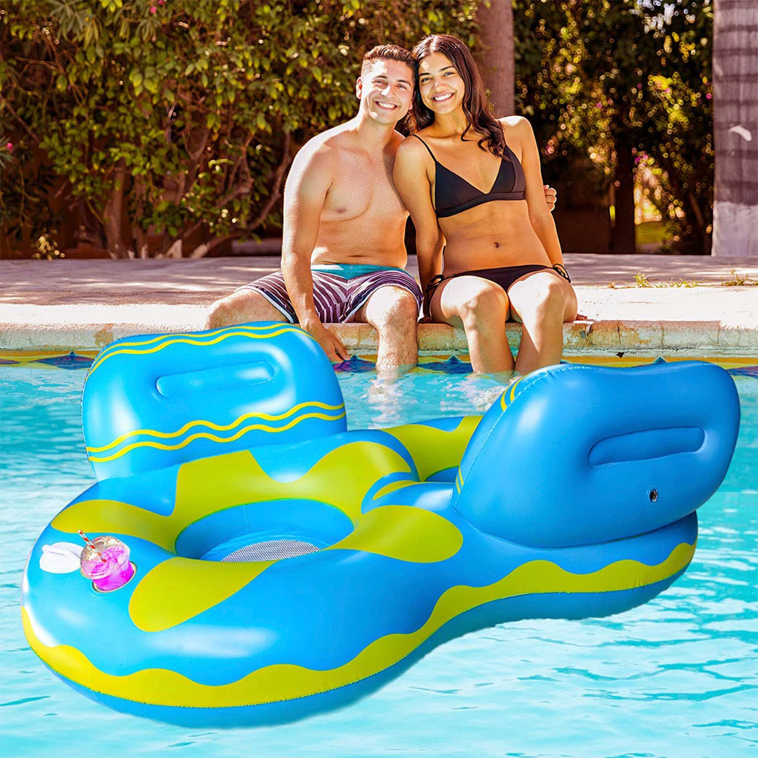 DAM Sillón hinchable doble con asas, porta bebidas y reposacabezas. 185cm 185x115x66 Cm. Color: Azul