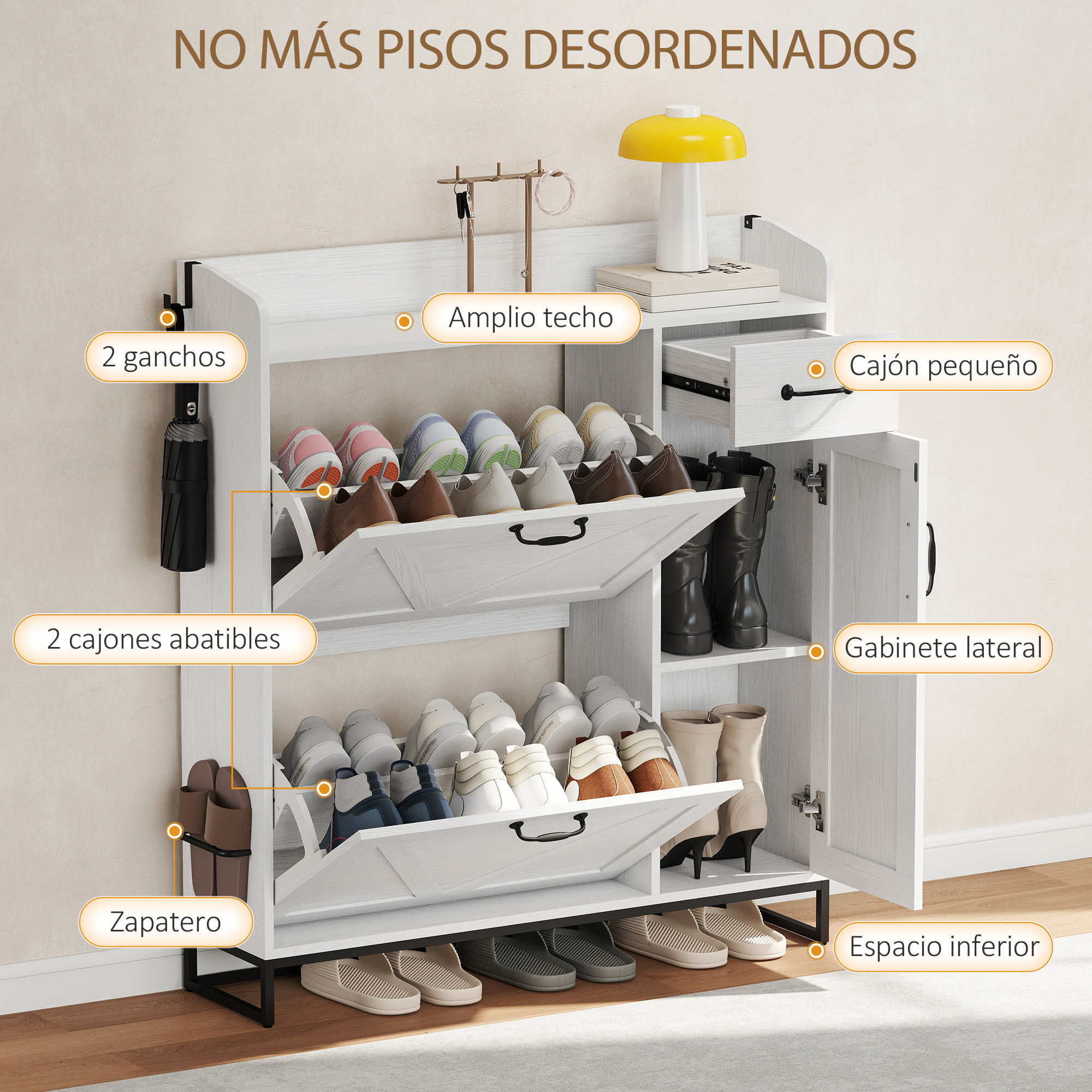 Zapatero Estrecho con 2 Cajones Abatibles, Zapatero Entrada Recibidor Rústico con Cajón y Estantes Ajustables, para 12 Pares de Zapatos, para Pasillo, Espacio Reducido, 106,7x26x116 cm, Blanco
